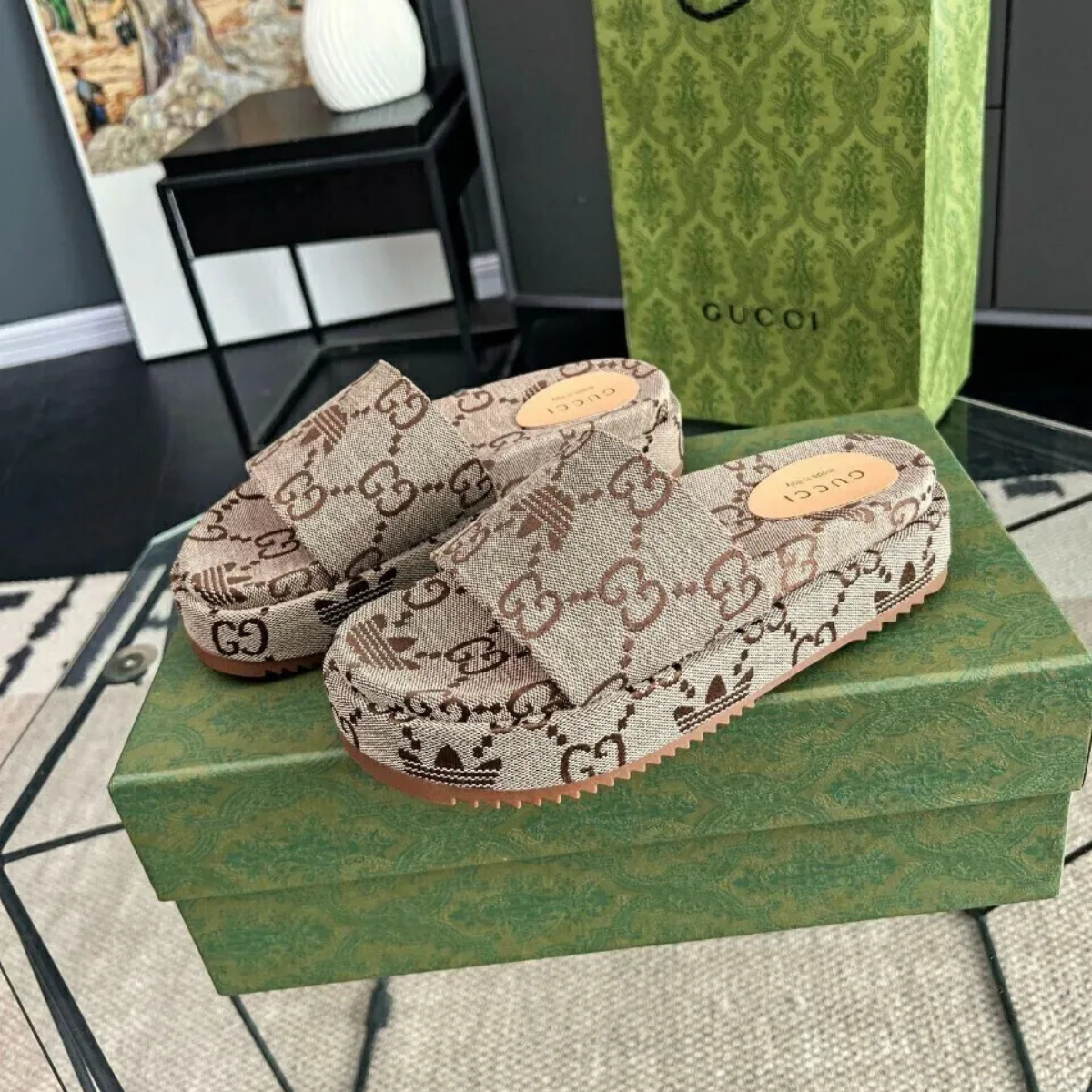 GUCCI DIONYSUS MINI BAG & ANGELINA FLAT SANDAL SET – BEIGE MONOGRAM