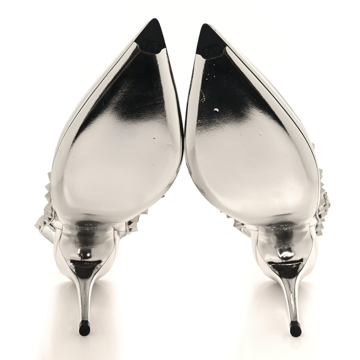 VALENTINO GARAVANI ROCKSTUD ANKLE STRAP PUMPS 100MM SILVER METALLIC PATENT